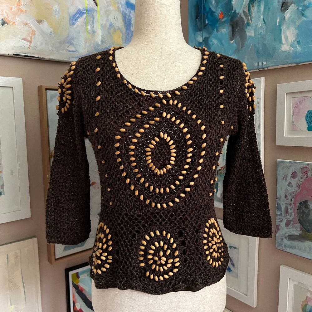 Vintage Fairy Grunge Beaded Crochet Boho Top Peck & Peck y2k Festival Size‎ M